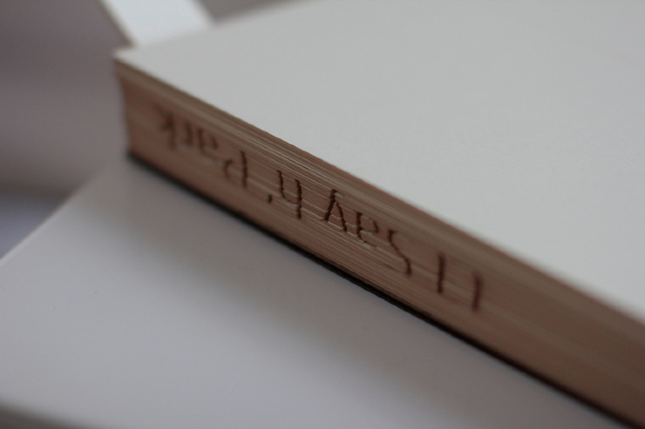 Thumbnail showing the laser cut edge of an art book. The words el say h’ park are formed into the edge.